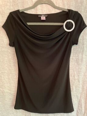 Vintage 90s Y2K Top with Shoulder Buckle and Cowl Neckline in Black, size Small